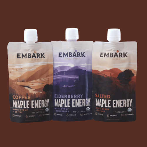 SCE.P3.T3+Embark+Maple+Variety+Pack+Trio+brown+square+Energy+Good+Energy+Organic+Maple+Syrup+Maple+Energy+Gel+sports+nutrition+running+nutrition