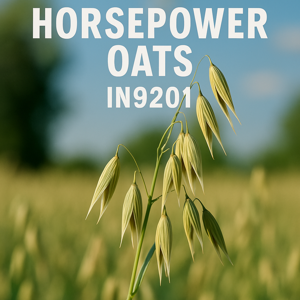 Oat plant outside with the words Horsepower Oats IN9201