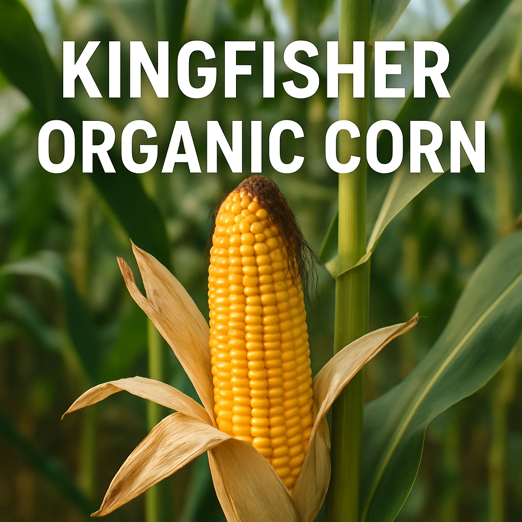 a photo of corn plant outside with the words Kingfisher Organic Corn