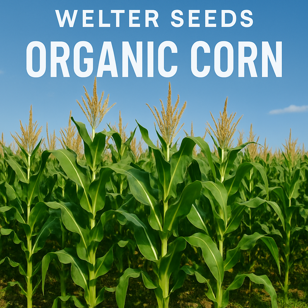 corn crop outside with the words Welter Seeds Organic Corn